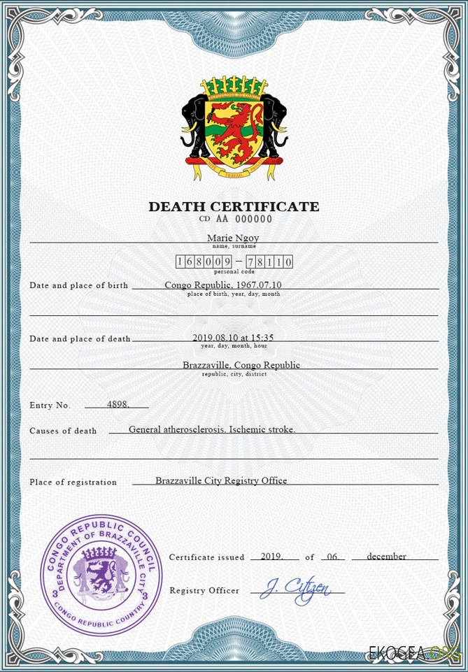 Modèle PSD de certificat de décès de l'état civil du Congo